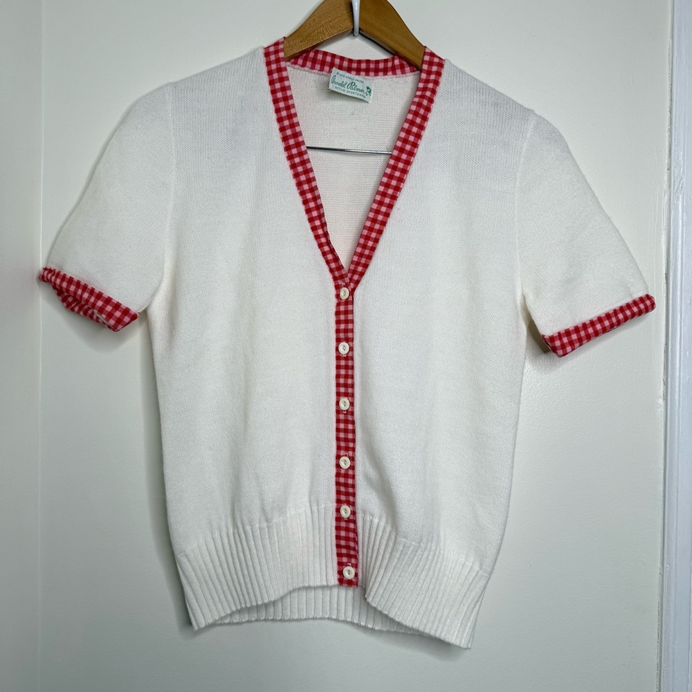 Vintage 60s 70s Arnold Palmer White Cardigan Sweater w/ Red Gingham Trim preppy